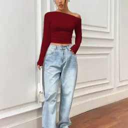 womenster Women Slim Fit One-Shoulder Crop Top image 4