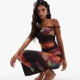 asos design Floral Print Twist One Shoulder Mesh Midi Bodycon Dress image 4