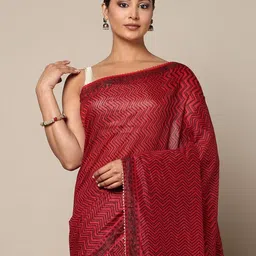 indie picks Sanganeri Handblock Print Gota Zari Saree image 4