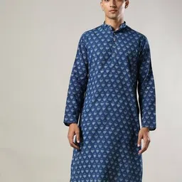 indie picks Handblock Print Hand -Dyed Indigo Double Dabu Cotton Long Kurta image 4