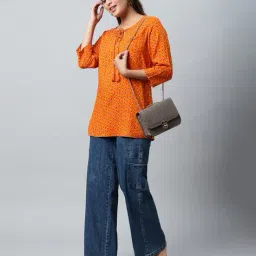 dhuni by avaasa Women Printed Straight Kurti with Tie-Up Neck image 4