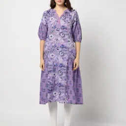 yousta Women Floral Print Flared Kurta with Insert Pocket image 4