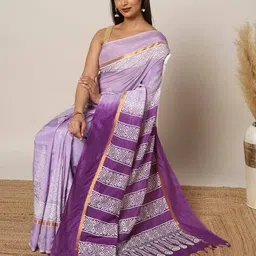 indie picks Handblock Bagru Print Assam Silk Saree with Attached Blouse Piece image 4