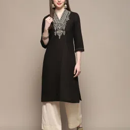 biba Women Embroidered V-Neck Straight Kurta image 5