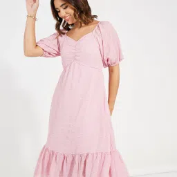 styli Checked A-Line Pleated Midi Dress with Puff Sleeves image 5