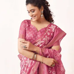 satrani Floral Print Saree with Contrast Border image 5