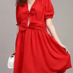 Shein Cute Puff Sleeves Pleated Bow Detail A-Line Dress-picture-34