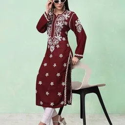 paramount chikan Women Embroidered Straight Kurta with Round Neck image 5