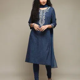 biba Women Embroidered Straight Kurta with Churidar & Dupatta image 5
