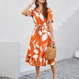 hivora Women Leaf Print Shirt Dress image 5
