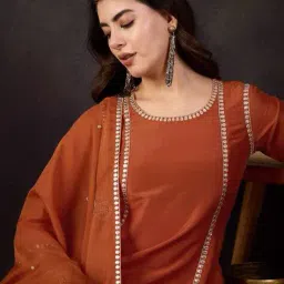 tanuka Women Embroidered Flared Kurta Set with Dupatta image 5