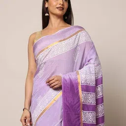 indie picks Handblock Bagru Print Assam Silk Saree with Attached Blouse Piece image 5