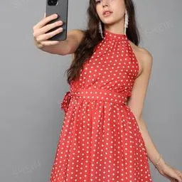 Shein Vintage Polka-Dot Print Halter Neck Sleeveless Mini Skater Dress-picture-43