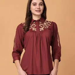girlsify Women Regular Fit Embroidered Top with Collar Neck-picture-37