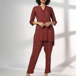 fusion Women Striped Straight Kurta with Pants Set-picture-15