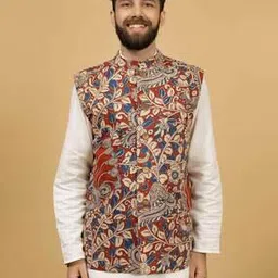 Men Floral Print Nehru Jacket with Welt Pockets-image-3