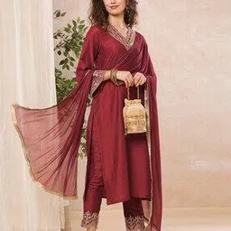 globus Women Floral Embroidered V-Neck Bell Sleeves Kurta & Pant Set With Fringed Dupatta-picture-29