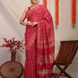 indie picks Hand Block Print Bhagalpuri Cotton Silk Saree with Blouse -picture-41