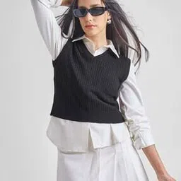 tokyo talkies Women Ribbed Crop Sweater Vest-picture-17