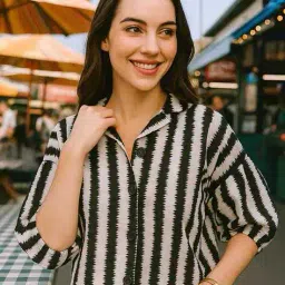 leia Women Striped Regular Fit Shirt with Cuban Collar image 1