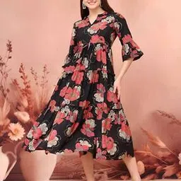 Women Floral Print Tiered Dress with Mandarin Collar-image-25