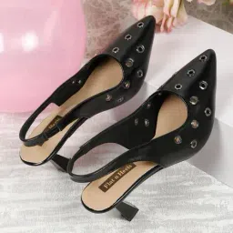 flat n heels Women Perforated Slingback Kitten-Heeled Shoes image 1