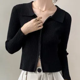 outzidr global Women Zip-Front Cardigan with Spread Collar image 1