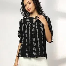 dnmx Women Printed Relaxed Fit Top with Neck Tie-Up-picture-15