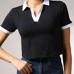 Shein Short Sleeves Contrast Trim Polo Crop Top-picture-37