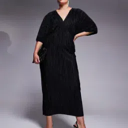 Plisse V-Neck Midi A-Line Dress with Batwing Sleeves-image-58
