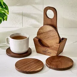 home centre Marion Set of 4 Acacia Wood Coasters with Holder image 1