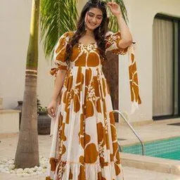 nyrika Women Floral Print Gown Dress with Puff Sleeves-picture-22