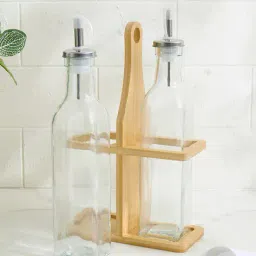 home centre Set of 2 Glass Oil Dispensers with Bamboo Stand image 1