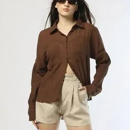 Women Regular Fit Shirt with Patch Pockets-image-17