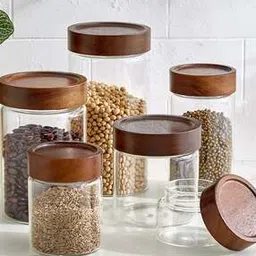 home centre Set of 6 Glass Storage Canisters with Wooden Lid-picture-47