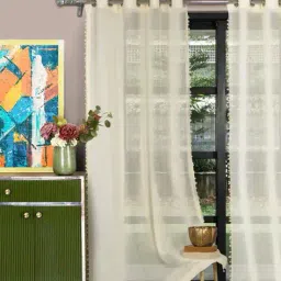 hosta homes Set of 2 Sheer Door Curtains with Pom-Pom image 1