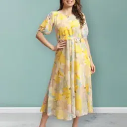 fabflee x ag Women Floral Print Fit & Flare Dress with Tie-Up Belt-picture-17