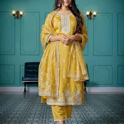 royal export x ag Women Embroidered Straight Kurta & Pants with Dupatta Set image 1