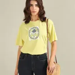 Women Brand Print Loose Fit Round-Neck T-Shirt-image-1
