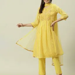 biba Women Embroidered Flared Kurta with Pants & Dupatta image 1