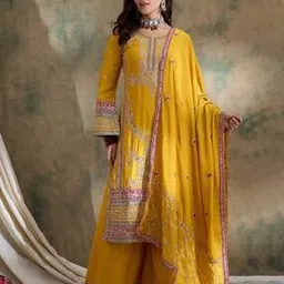 miss ethnik Women Embroidered Straight Kurta with Palazzos & Dupatta-picture-51