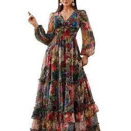 ladila enterprise Women Floral Print V-Neck Tiered Dress -picture-17
