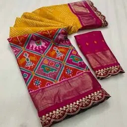 peachmode Women Rani Pink Ikkat Foil Printed Silk Saree-picture-45