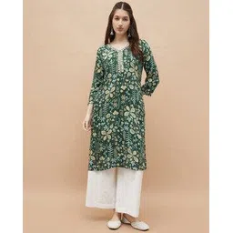 melange by lifestyle Women Leaf Print V-Neck Kurta-picture-12
