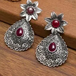 panash Silver-Toned Oxidised Stone-Studded Drop Earrings-picture-50