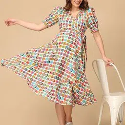 the mom store Women Geometric Print Wrap Dress with Waist Tie-Up-picture-48