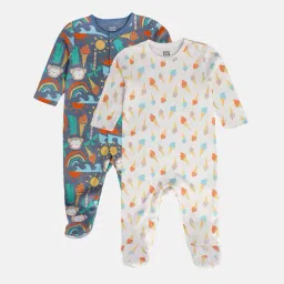 mini klub Pack of 2 Printed Round-Neck Cotton Sleepsuits image 1