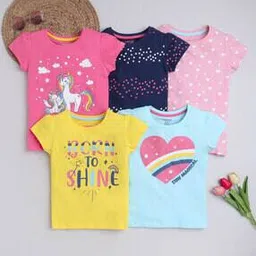 hopscotch Girls Pack of 5 Typographic Print Regular Fit T-Shirts-picture-24