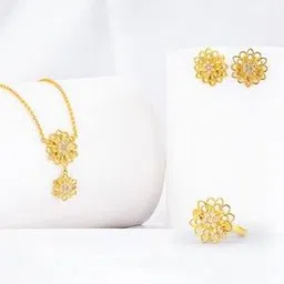 Women Sterling Silver Gold-Plated Floral Necklace with Earrings & Ring-image-71