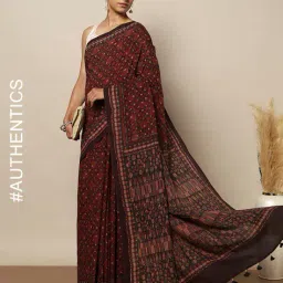 indie picks Handblock Ajrak Print Cotton Mull Saree image 1